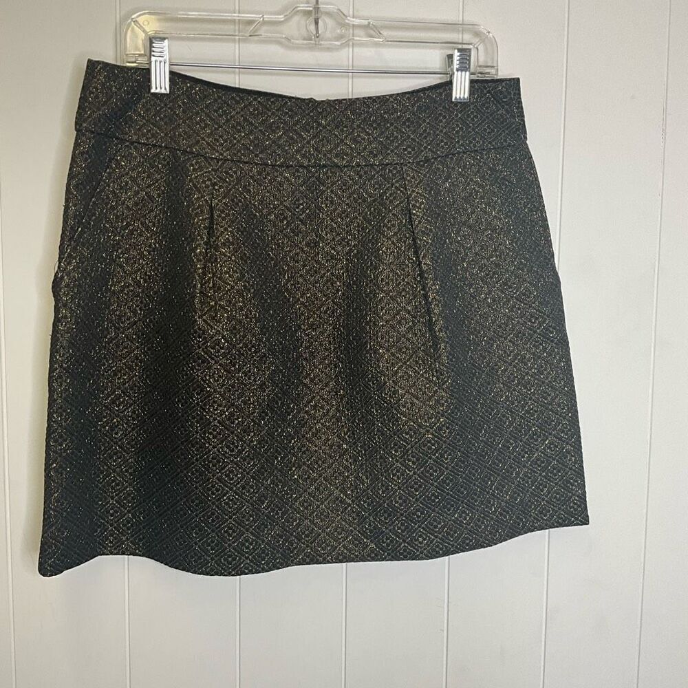 Ann Taylor Loft Women’s Size 12 Black Metallic Gold A Line Mini Skirt Pleated